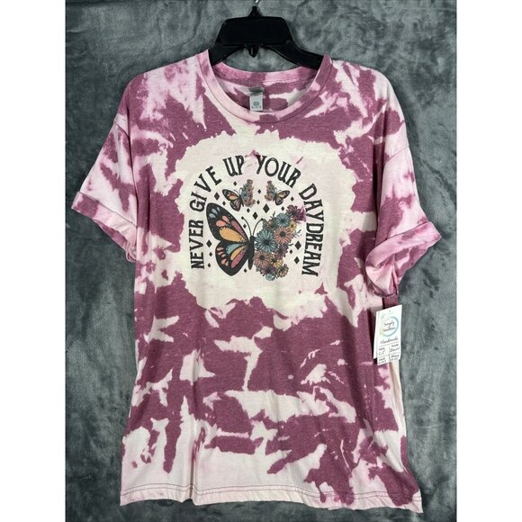 Tie-Dye Tops - Women’s T-Shirt “Never Give Up On Your Day Dream” Tye Dye Butterflies & Flowers